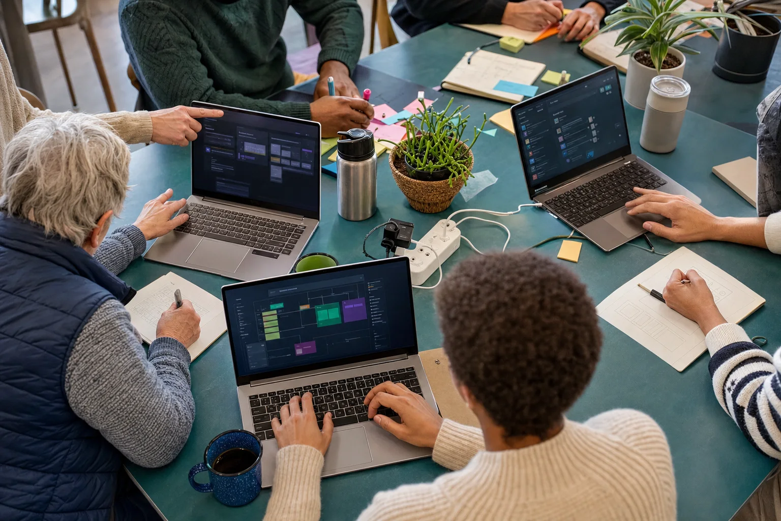 People collaborating around a table with laptops and notebooks